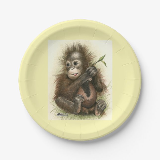 Plato De Papel Bebé de Orangután con hojas (Anverso)