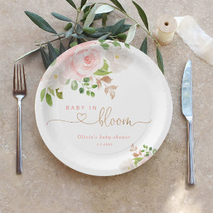 Plato De Papel Bebé de oro floral de Rubor en la ducha de bebé