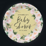 Plato De Papel Bebé ducha acuarela amarillo giratorio guión flora<br><div class="desc">Bebé ducha acuarela ilustracion botánico floral escritura moderna y elegante. Flores color rosa y limón hermosas flores de color moderno ducha de fiesta de papel. Parte de una colección indie.</div>
