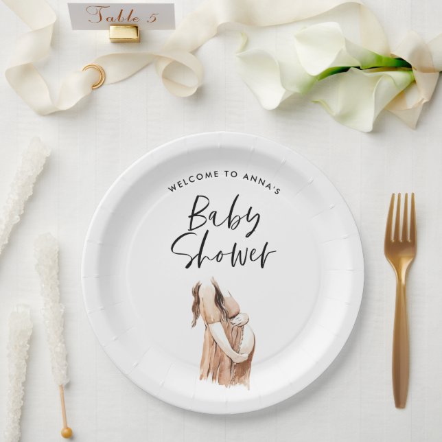 Plato De Papel Bebé ducha acuarela ilustracion sencillo guión (Boda)