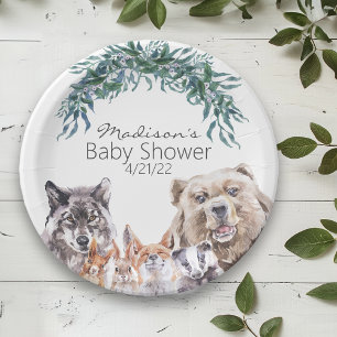 Plato De Papel Bebé Ducha Animales Bosque Folaje Acuarela