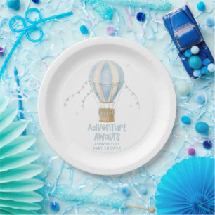 Plato De Papel Bebé ducha azul cielo caliente aventura en globo