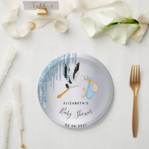 Plato De Papel Bebé ducha de plata niño cigüeña azul