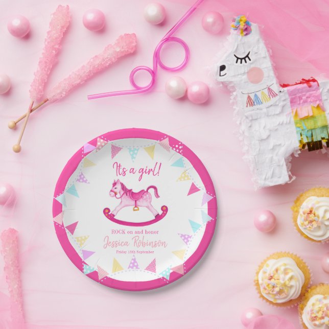 Plato De Papel Bebé ducha hobby rosa mecanografía caballo nombre  (Fiesta)