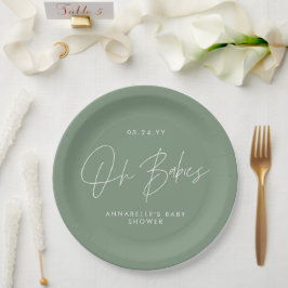 Plato De Papel Bebé ducha melliza moderna salvia verde elegante