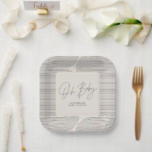 Plato De Papel Bebé ducha moderna blanco negro elegante geométric