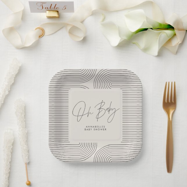 Plato De Papel Bebé ducha moderna blanco negro elegante geométric (Boda)