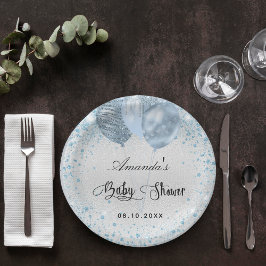 Plato De Papel Bebé ducha niño azul plata purpurina globos