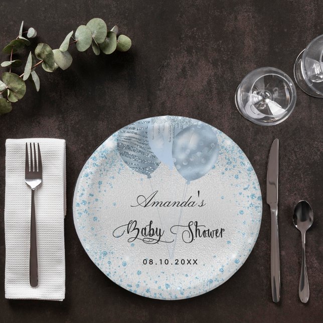 Plato De Papel Bebé ducha niño azul plata purpurina globos (Subido por el creador)