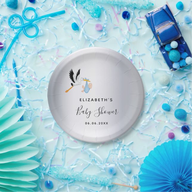 Plato De Papel Bebé ducha niño de plata cigüeña azul (Fiesta)