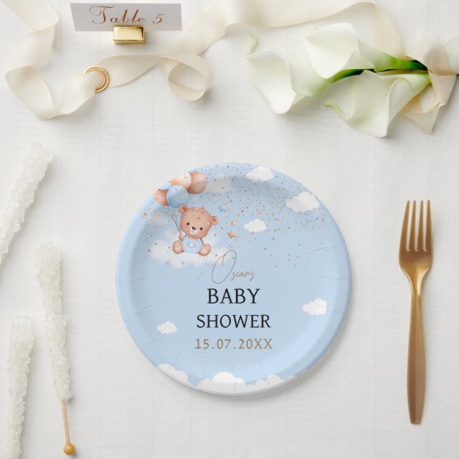 Plato De Papel Bebé ducha niño oso de peluche azul claro (Boda)