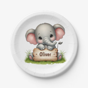 Plato De Papel Bebé Elefante Adorable Sosteniendo un Letrero con