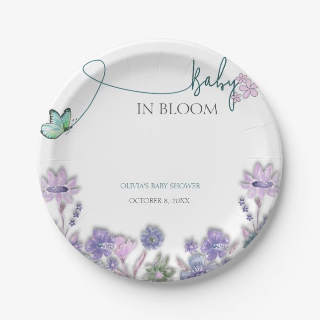Plato De Papel Bebé En Bloom Baby Shower Morple Floral (Anverso)