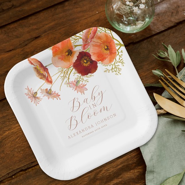 Plato De Papel Bebé en Bloom Boho cae Personalizado de Baby Showe (Baby in bloom boho fall floral wildflowers custom baby shower paper plate Watercolor flowers elegant)