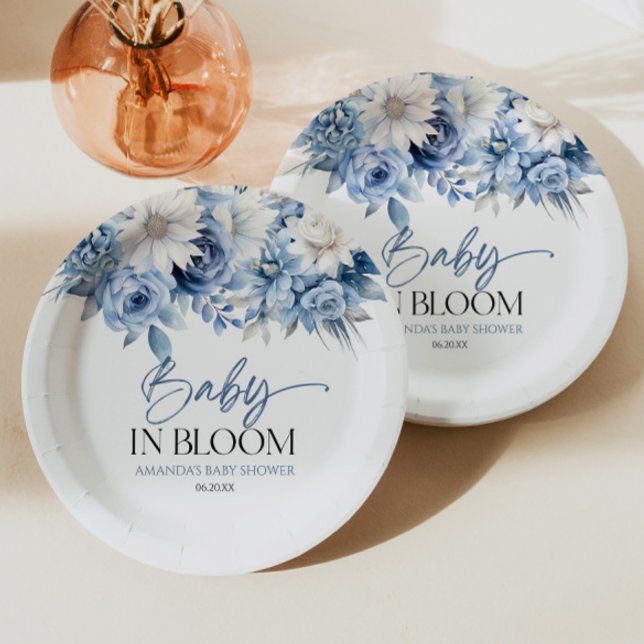 Plato De Papel Bebé En Bloom Dusty Blue Floral Baby Shower (Subido por el creador)