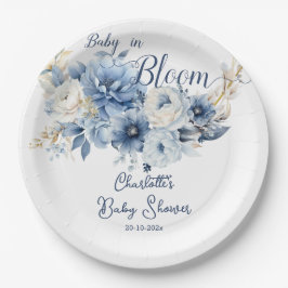 Plato De Papel Bebé En Bloom Elegante Flores Azules Baby Shower