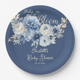 Plato De Papel Bebé En Bloom Elegante Flores Azules Baby Shower