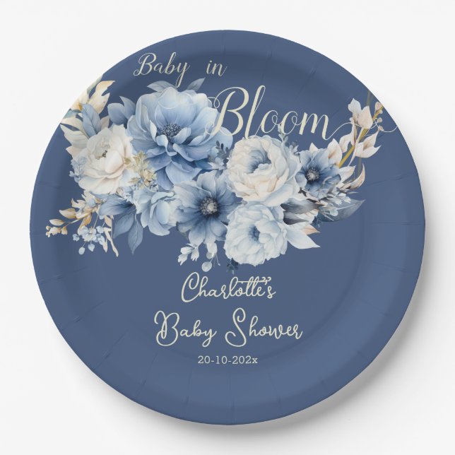 Plato De Papel Bebé En Bloom Elegante Flores Azules Baby Shower (Anverso)
