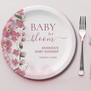 Plato De Papel Bebé en Chica de sangre, ducha de flores rosadas