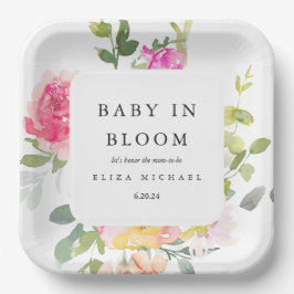 Plato De Papel Bebé en el Baby Shower floral de acuarela en flor