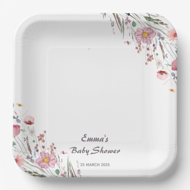 Plato De Papel Bebé en el florecimiento silvestre Baby Shower (Anverso)