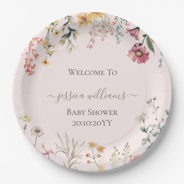 Plato De Papel Bebé en el florecimiento silvestre Baby Shower (Anverso)