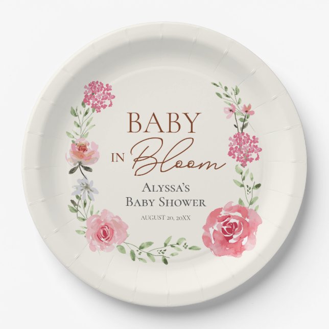 Plato De Papel Bebé en flor de sangre Personalizado de Baby Showe (Anverso)