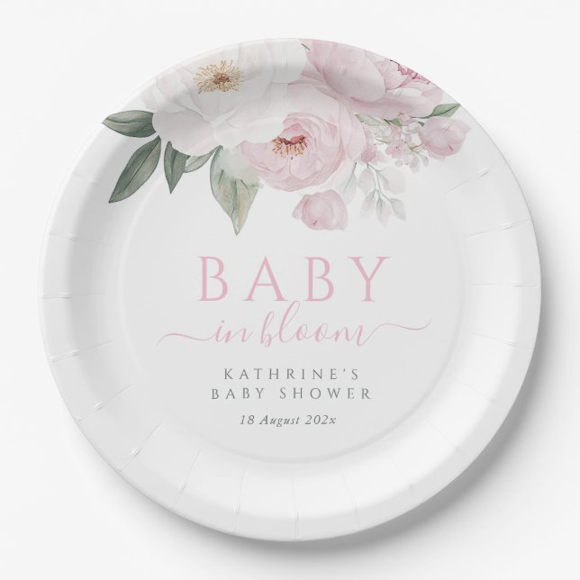 Plato De Papel bebé en flor ducha de bebé con flores rosadas (Anverso)