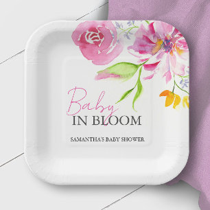 Plato De Papel Bebé en Flor Para Ducha de Bebé Desechables