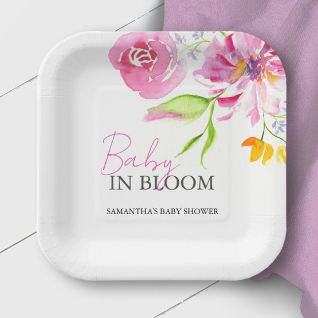 Plato De Papel Bebé en Flor Para Ducha de Bebé Desechables (Baby in bloom baby shower decor paper plates watercolor floral art by Victoria Grigaliunas)