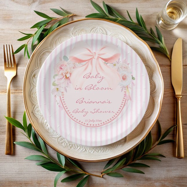 Plato De Papel Bebé en flor retro preppy lazo baby shower (Baby in bloom preppy bow vintage pink stripes baby shower printed paper plates personalized decor)