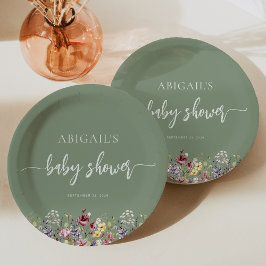 Plato De Papel Bebé en flor salvaje Sage Green Baby Shower