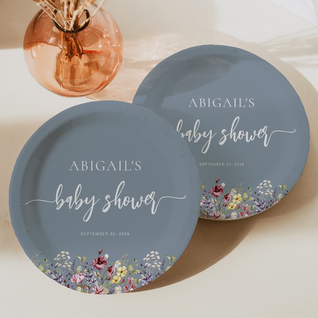 Plato De Papel Bebé en flor silvestre Dusty Blue Baby Shower (Subido por el creador)
