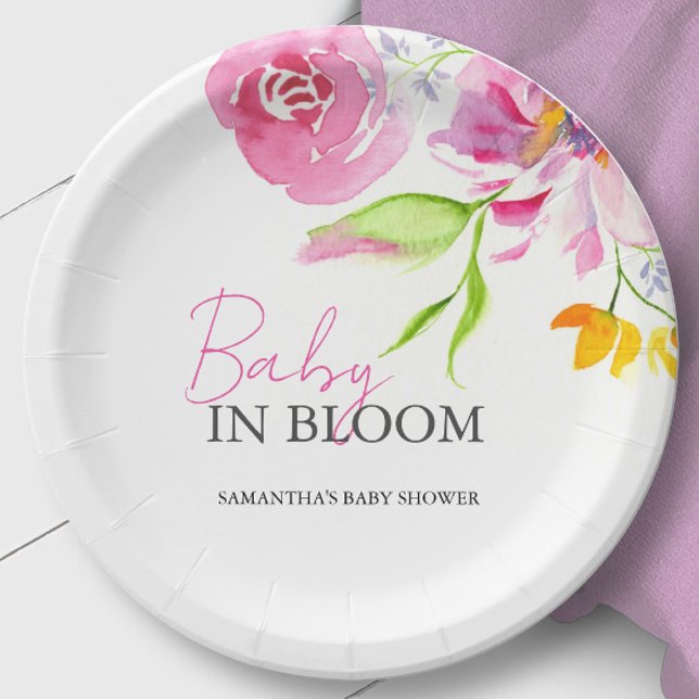 Plato De Papel Bebé en sangre Baby Shower desechable (Baby in bloom baby shower paper plates floral watercolor art by Victoria Grigaliunas Do Tell A Belle)