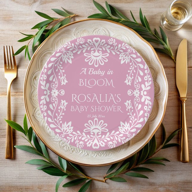 Plato De Papel Bebé en una polvorienta ducha de bebé mexicana ros (Baby in bloom dusty pink Mexican cielito lindo girls baby shower personalized printed Paper Plates)