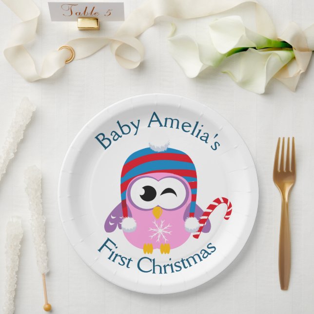 Plato De Papel Bebé es la primera lechuza rosada de Navidad (Boda)