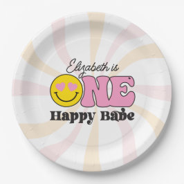 Plato De Papel Bebé Feliz De Un Año Rosa Amarillo