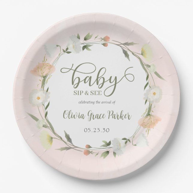 Plato De Papel Bebé Flor Silvestre Sip And See (Anverso)