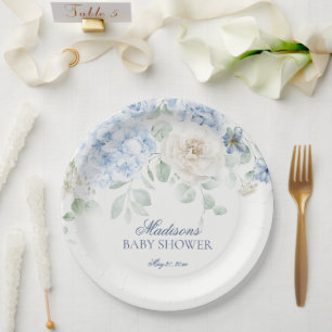 Plato De Papel Bebé floral azul en Bloom Hydrangea Baby Shower