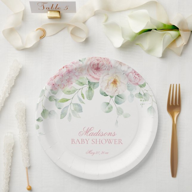 Plato De Papel Bebé floral rosado en el Baby Shower Bloom Hydrang (Boda)