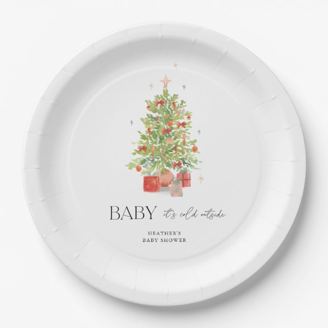 Plato De Papel Bebé, frío fuera de Navidades Baby Shower (Anverso)