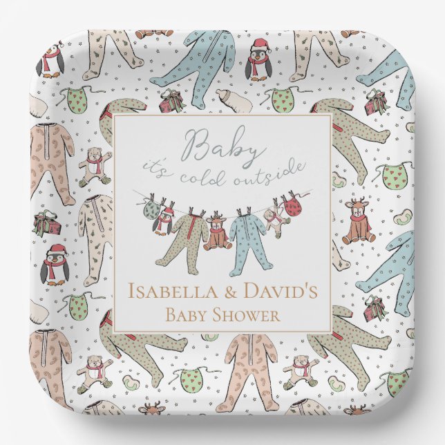 Plato De Papel Bebé, frío fuera del Baby Shower invernal (Anverso)