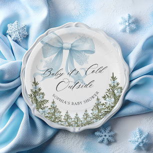Plato De Papel Bebé, frío fuera del invierno, Baby Shower azul Bo