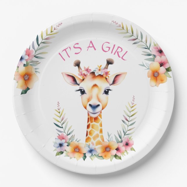 Plato De Papel Bebé Giraffe Floral, es un Chica | BABY SHOWER (Anverso)