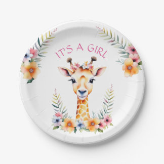Plato De Papel Bebé Giraffe Floral, es un Chica | BABY SHOWER