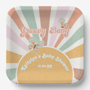 Plato De Papel Bebé Groovy Retro 70 Mostaza rosa Hippie Sunshine