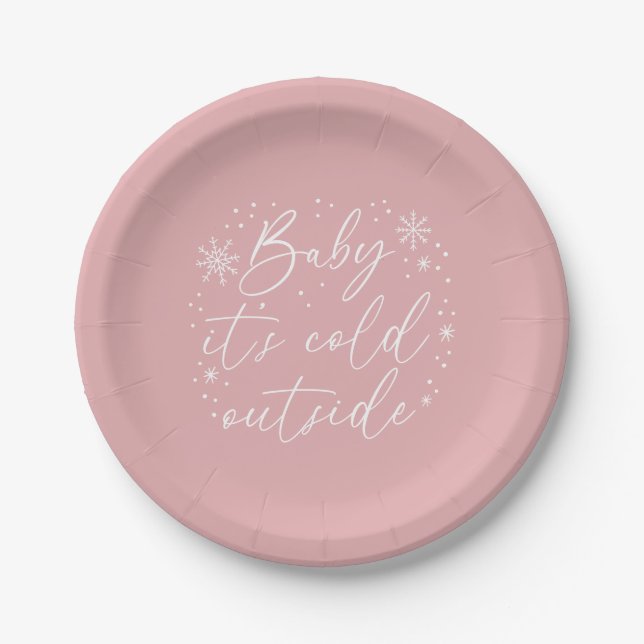 Plato De Papel Bebé, hace frío fuera del Baby Shower rosado de co (Anverso)