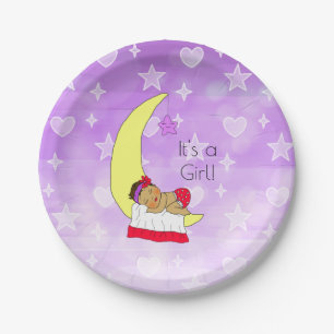 Plato De Papel Bebé hispano durmiendo en Baby Shower en la Luna