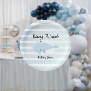 Plato De Papel Bebé lindo ballena azul Baby Shower a rayas