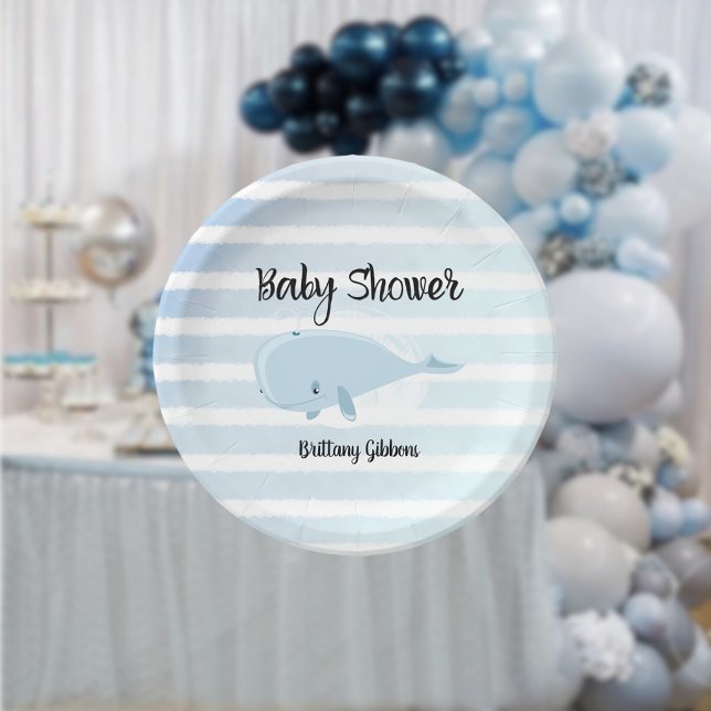Plato De Papel Bebé lindo ballena azul Baby Shower a rayas (Subido por el creador)
